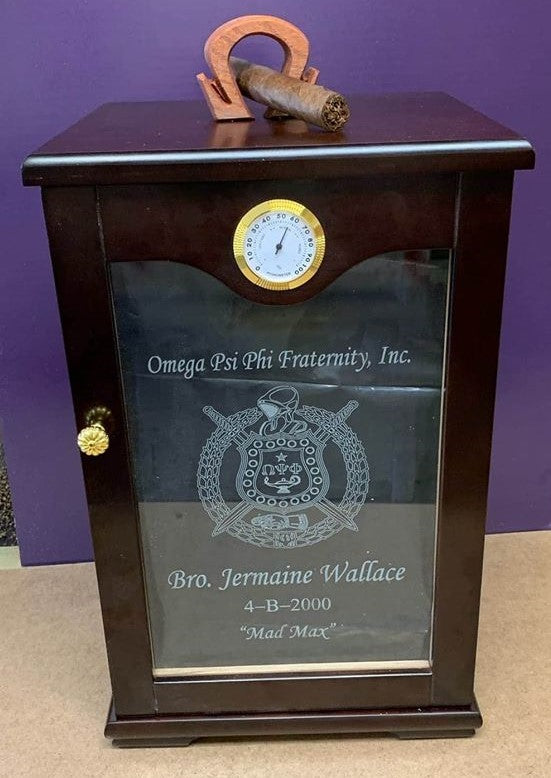 Omega Psi Phi Cherry Finish Glass Top Cigar Humidor (Custom) - Holds 100-150 Cigars {BUBBA}