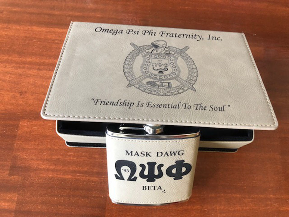 Omega Psi Phi - Custom Leather Flask Set