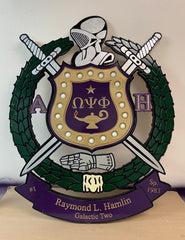 Omega Psi Phi Fraternity - Banner 30" or 38"  (Inch) Lighted Carved Shield (Painted)