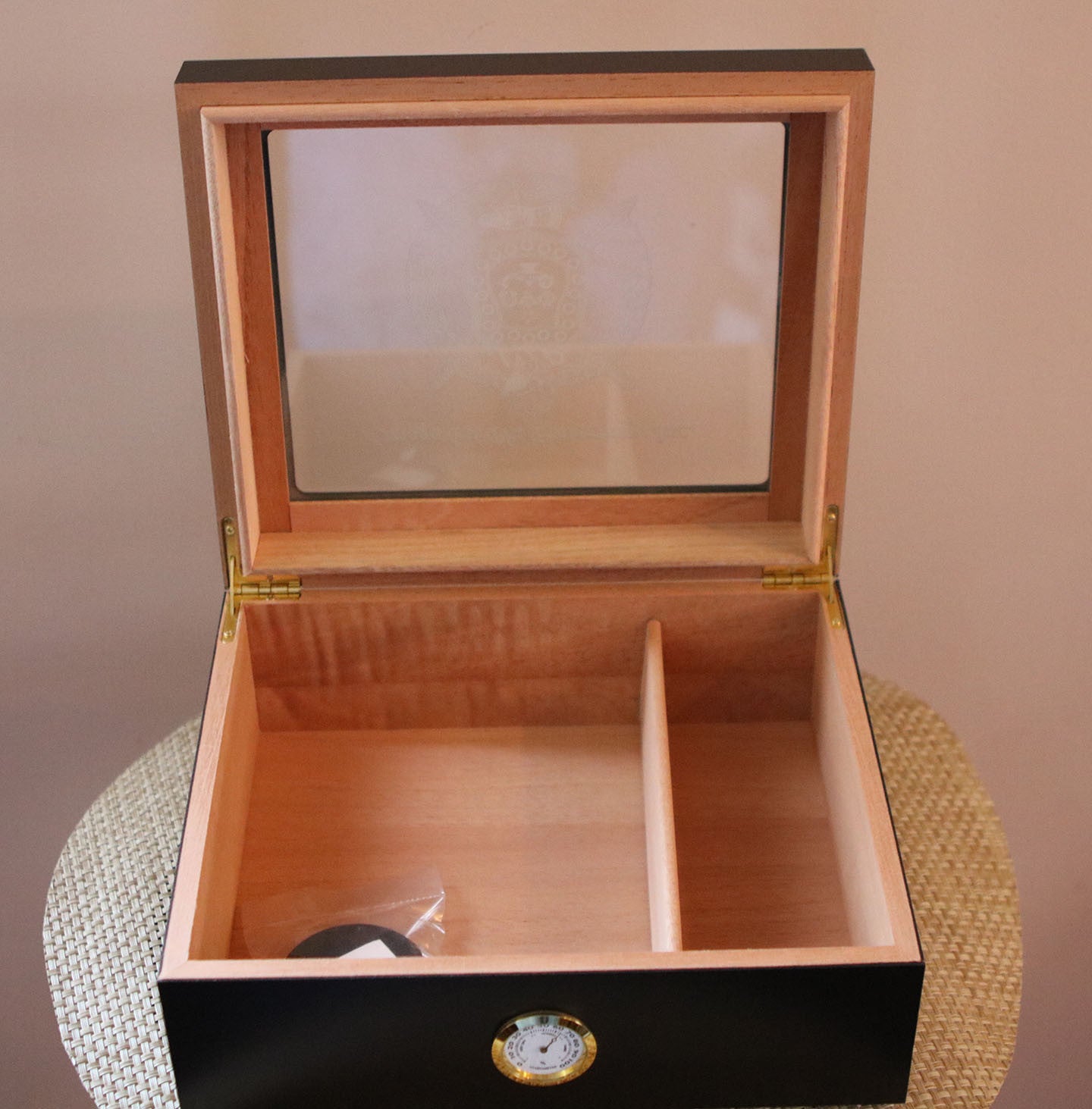 Omega Psi Phi Black Finish Glass Top Cigar Humidor (Holds 40-50)