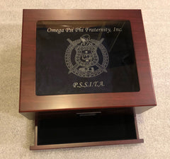 Omega Psi Phi Cherry Finish Glass Top Cigar Humidor (Custom) with Storage & digital hygrometer.