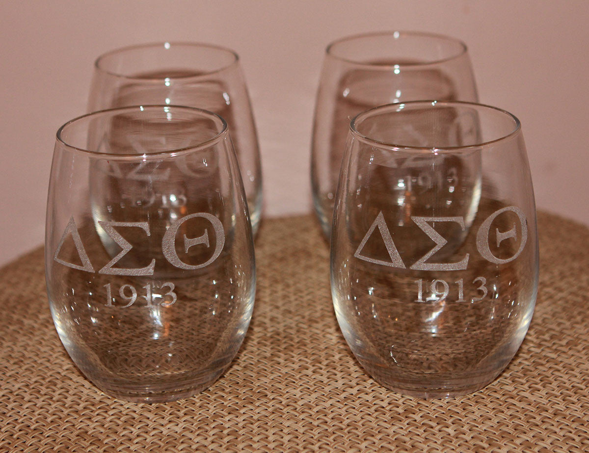 ENGRAVED Delta Sigma Theta Sorority - Set of 4 Stemless Wine Glasses