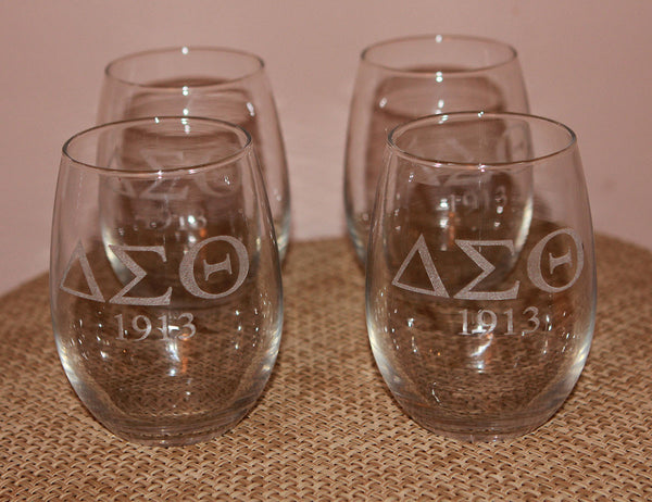 ENGRAVED Delta Sigma Theta Sorority - Set of 4 Stemless Wine Glasses