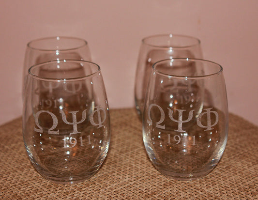 ENGRAVED Omega Psi Phi Fraternity - Set (Quantity 4) of Stemless Wine Glasses