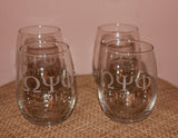 ENGRAVED Omega Psi Phi Fraternity - Set (Quantity 4) of Stemless Wine Glasses