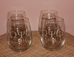 ENGRAVED Omega Psi Phi Fraternity - Set (Quantity 4) of Stemless Wine Glasses