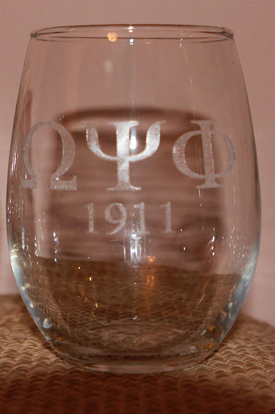 ENGRAVED Omega Psi Phi Fraternity - Set (Quantity 4) of Stemless Wine Glasses